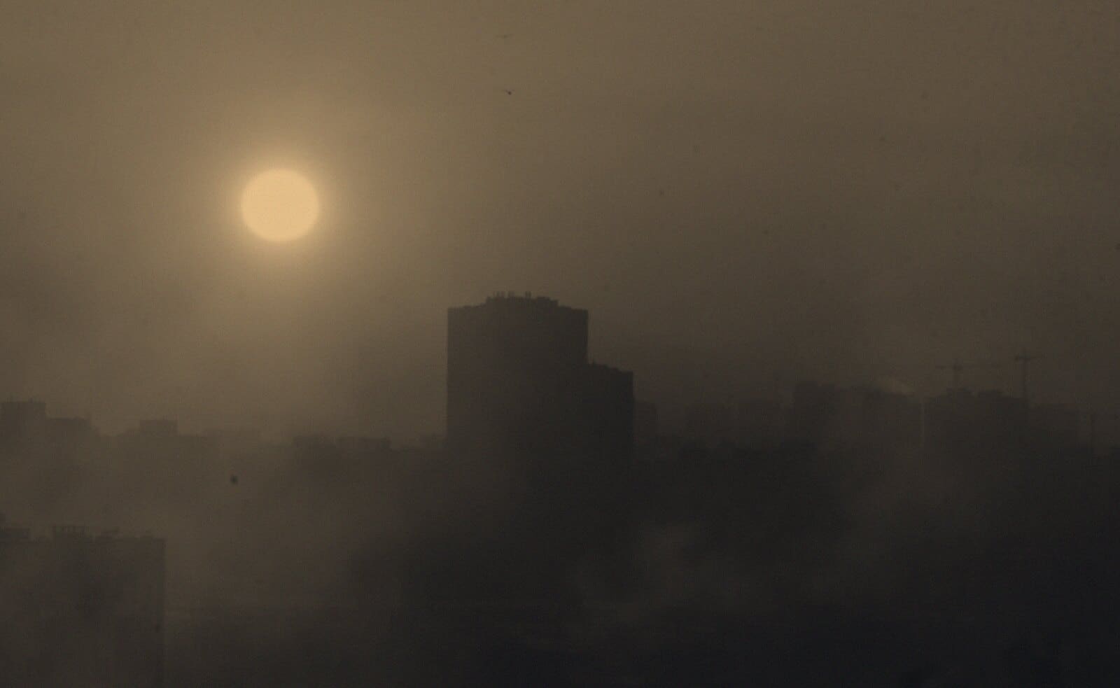 A tower emerging through fog at dawn